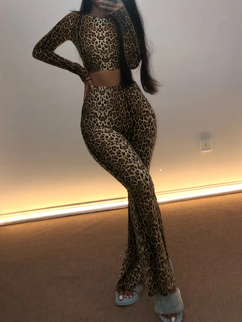 Jackie Cropped Long Sleeve Set- Leopard Print